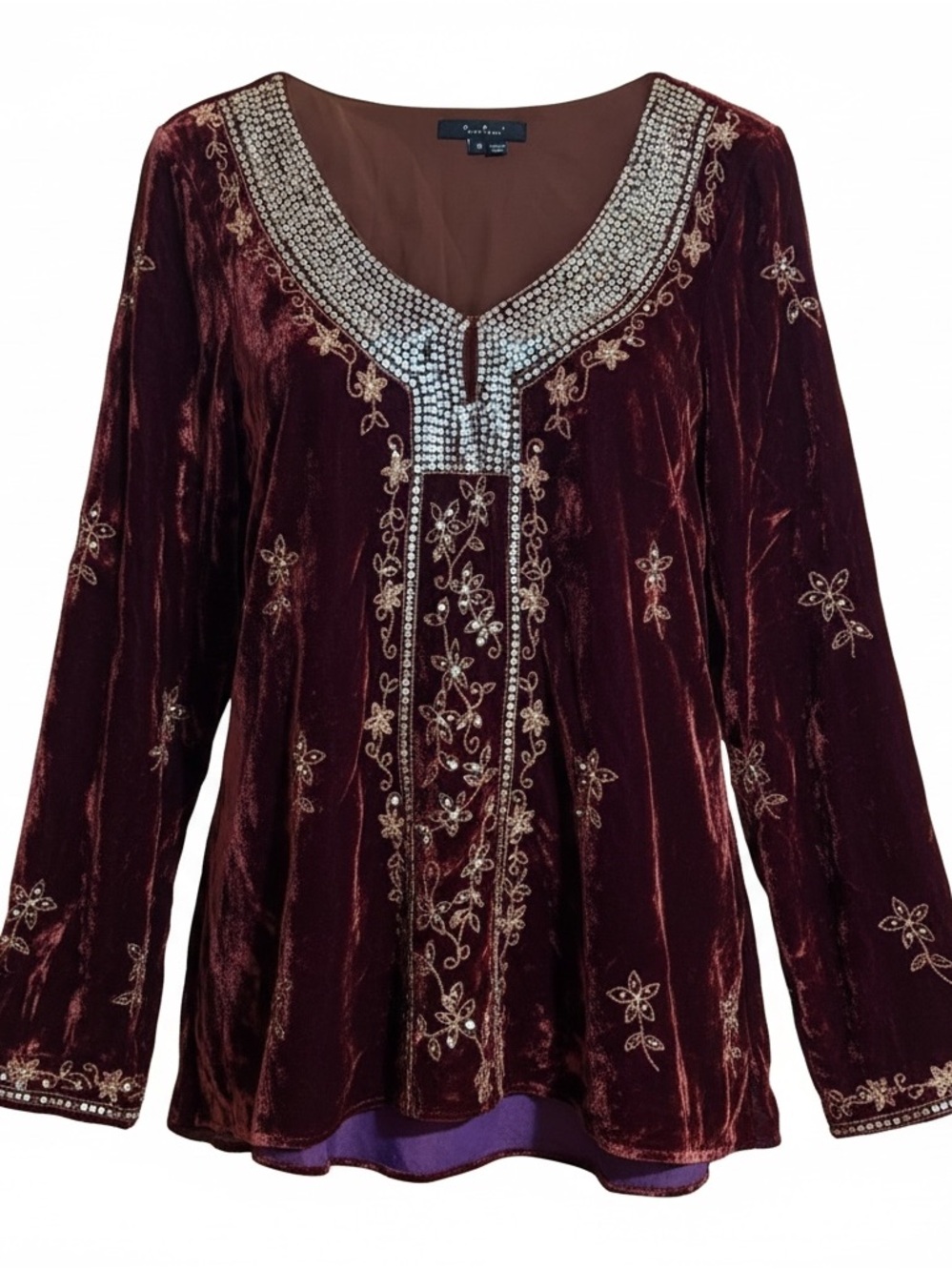ECI New York Burgundy Velvet Embellished Women's Top